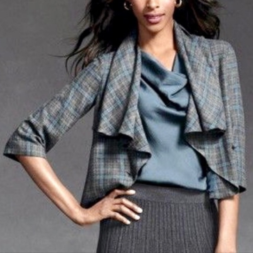 Cabi Court Grey & Blue Plaid Waterfall / Cape Blazer